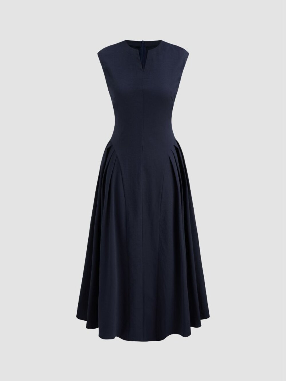 Navy V-neck Solid Pleated Sleeveless Maxi Dress - Picture 2 of 6